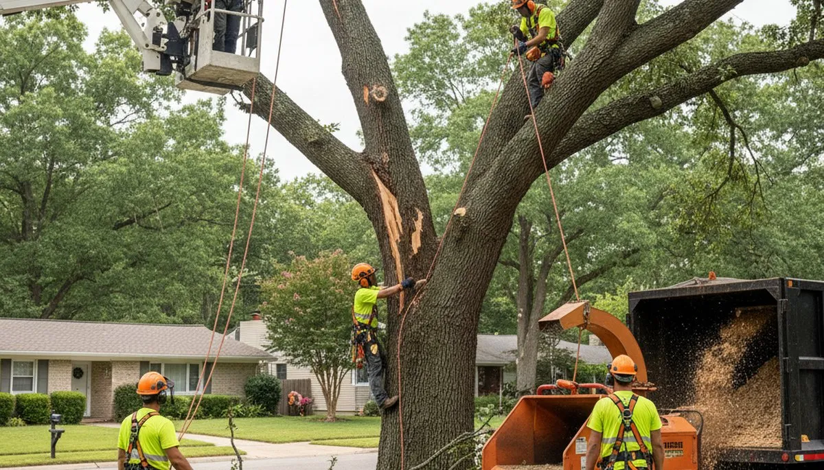 Aurora, CO emergency tree service crew removing storm-damaged fallen tree from a property