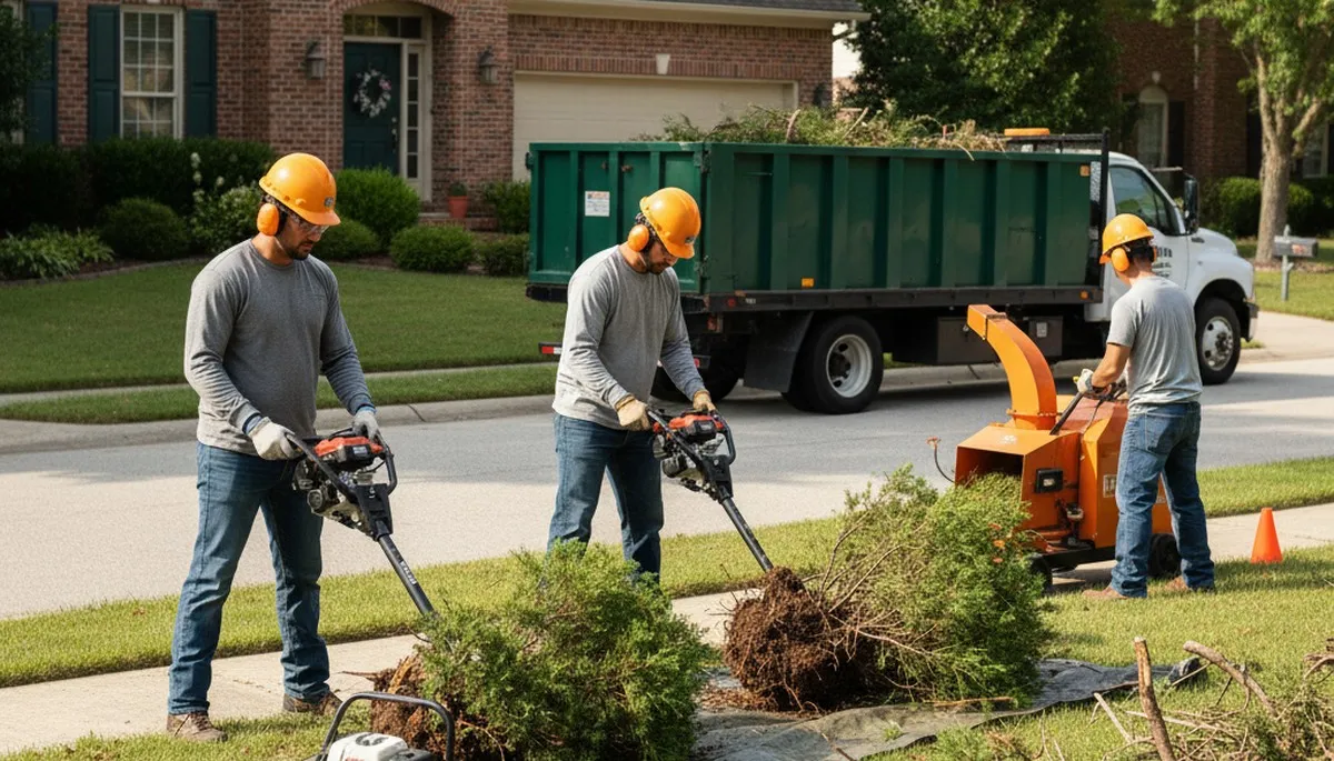 Aurora, CO shrub removal crew clearing overgrown shrubs for a tree service estimate