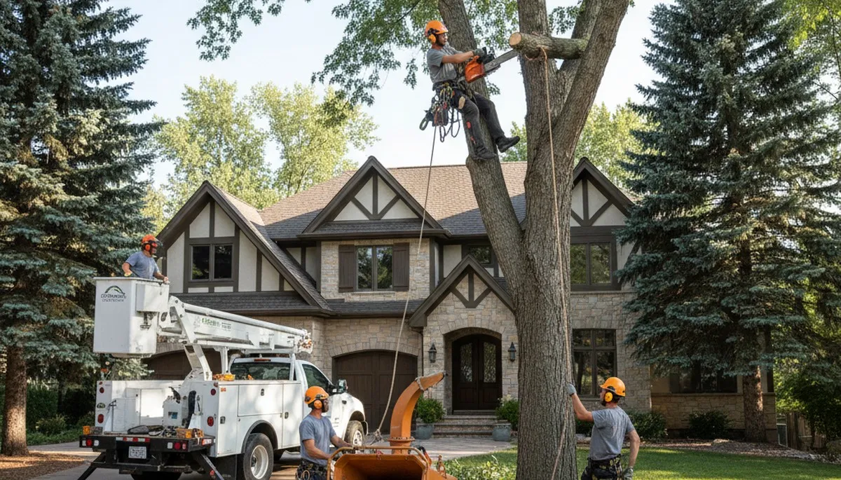 Tree service crew in Aurora, CO providing professional tree removal and trimming for a local property