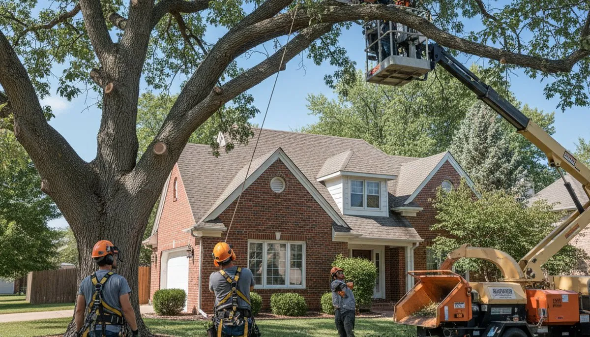 Tree service crew in Aurora, CO performing safe tree removal and cleanup for a residential property