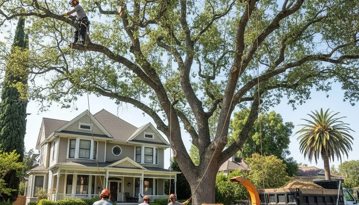 Tree service crew in Aurora, CO providing professional tree removal and cleanup for a business property