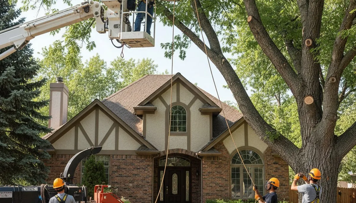 Tree service crew in Aurora, CO removing a tree for safe residential property clearance
